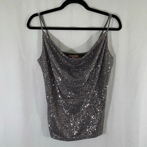 PS Love Tank Top Women's Medium Grey Silver Sequin TeaElla Draped Neckline